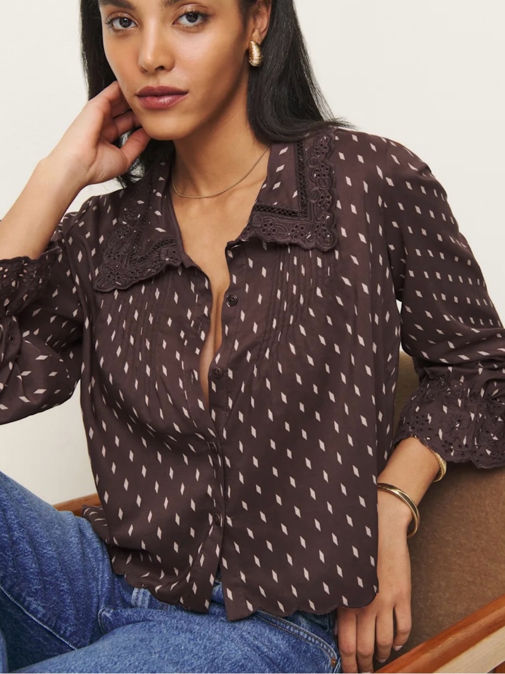 Medium Reformation Woven Eyelet Diamond-Print Button Front Blouse - Chocolate
